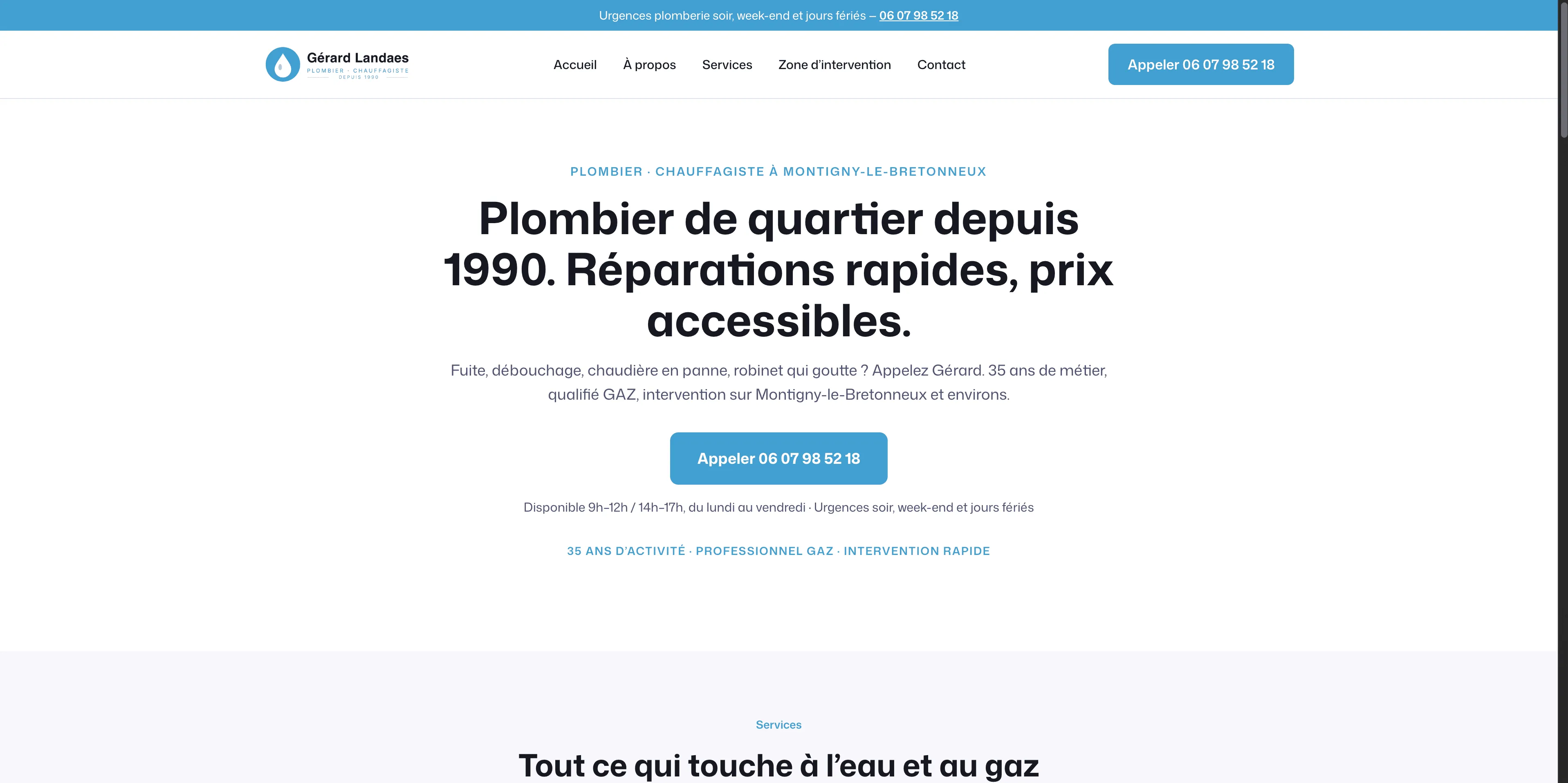 Site Gérard Landaes plombier · version desktop