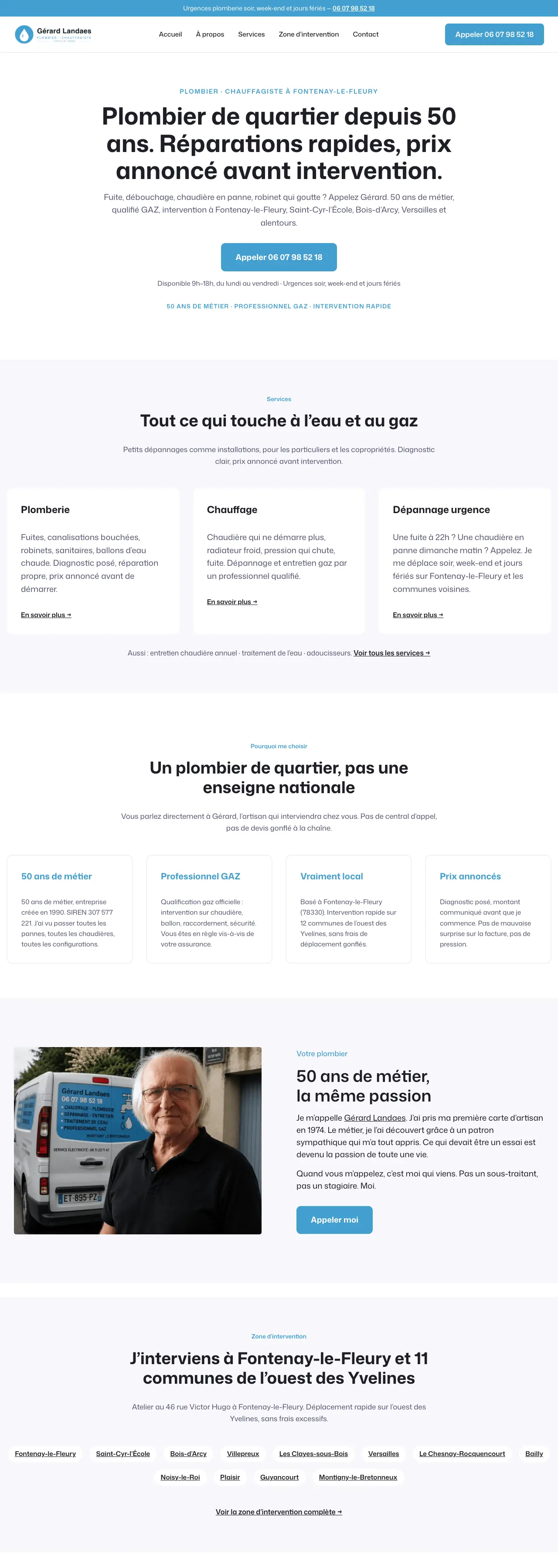 Site de Gérard Landaes, plombier chauffagiste, vu sur ordinateur, de la page d'accueil vers le bas de page