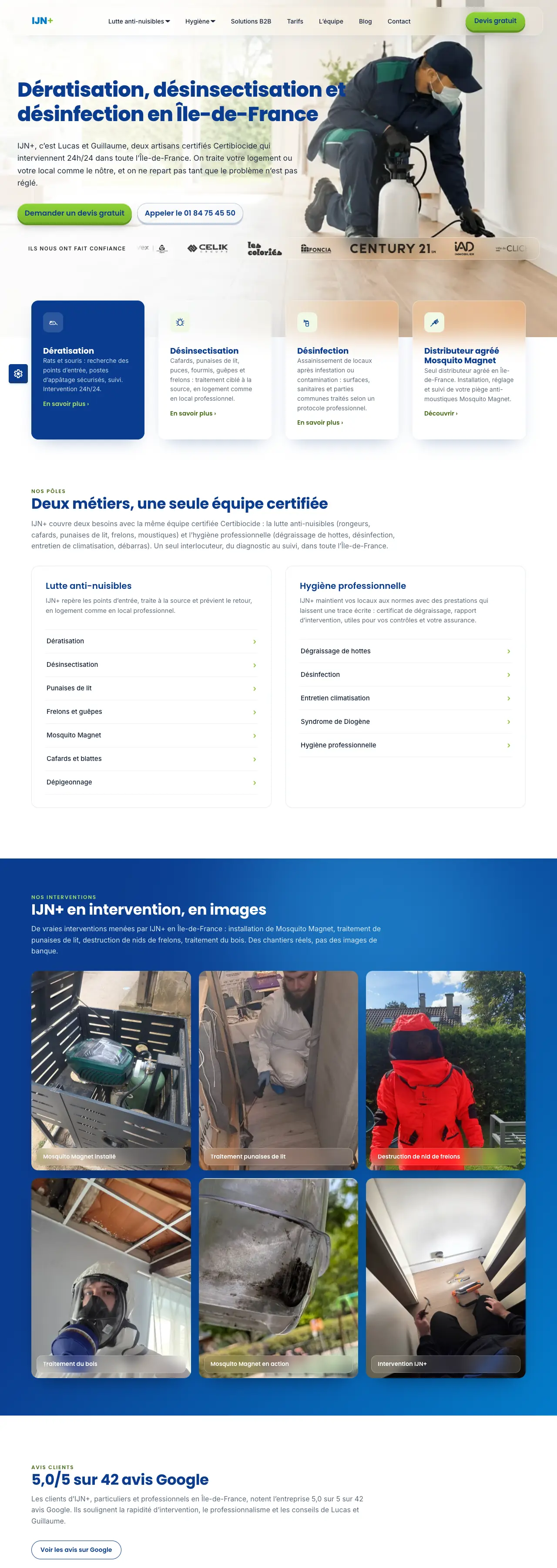 Site IJN+, entreprise de dératisation et de désinsectisation, vu sur ordinateur, de la page d'accueil vers le bas de page