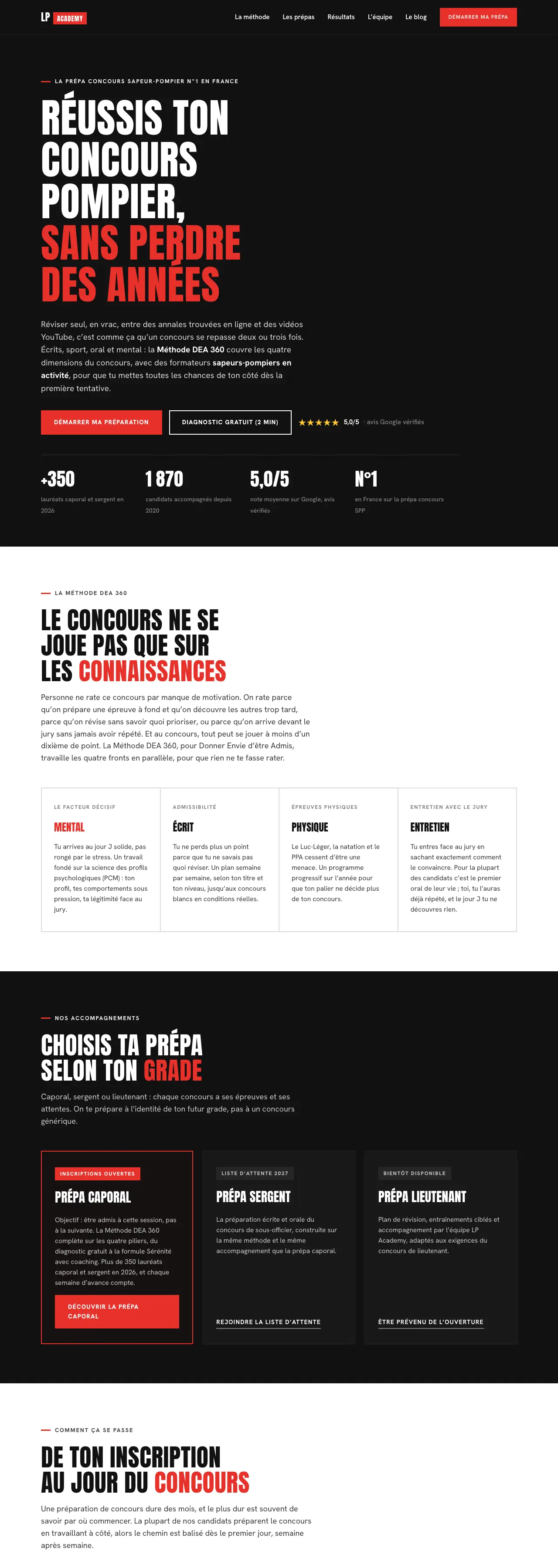 Site LP Academy, vu sur ordinateur, de la page d'accueil vers le bas de page