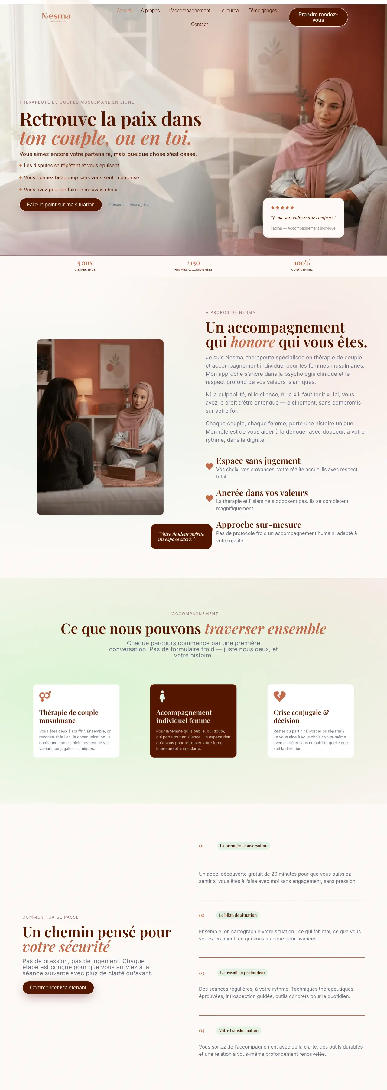 Site Nesma Thérapeute, vu sur ordinateur, de la page d'accueil vers le bas de page