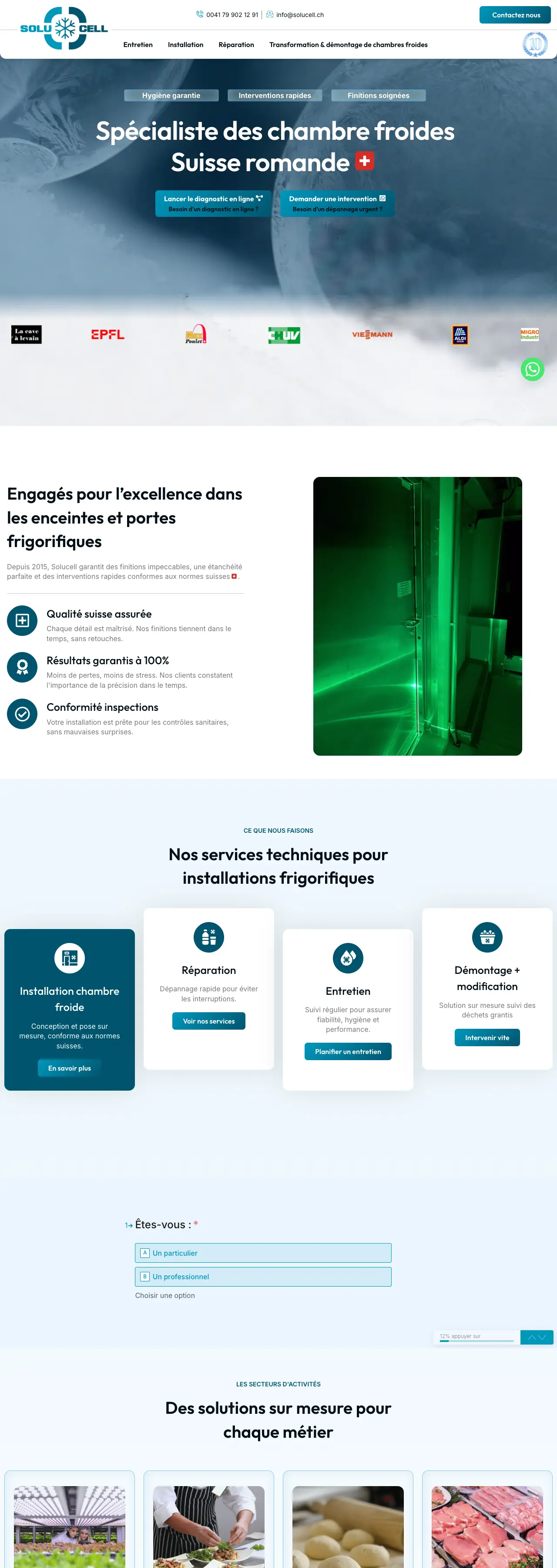 Site Solucell, vu sur ordinateur, de la page d'accueil vers le bas de page