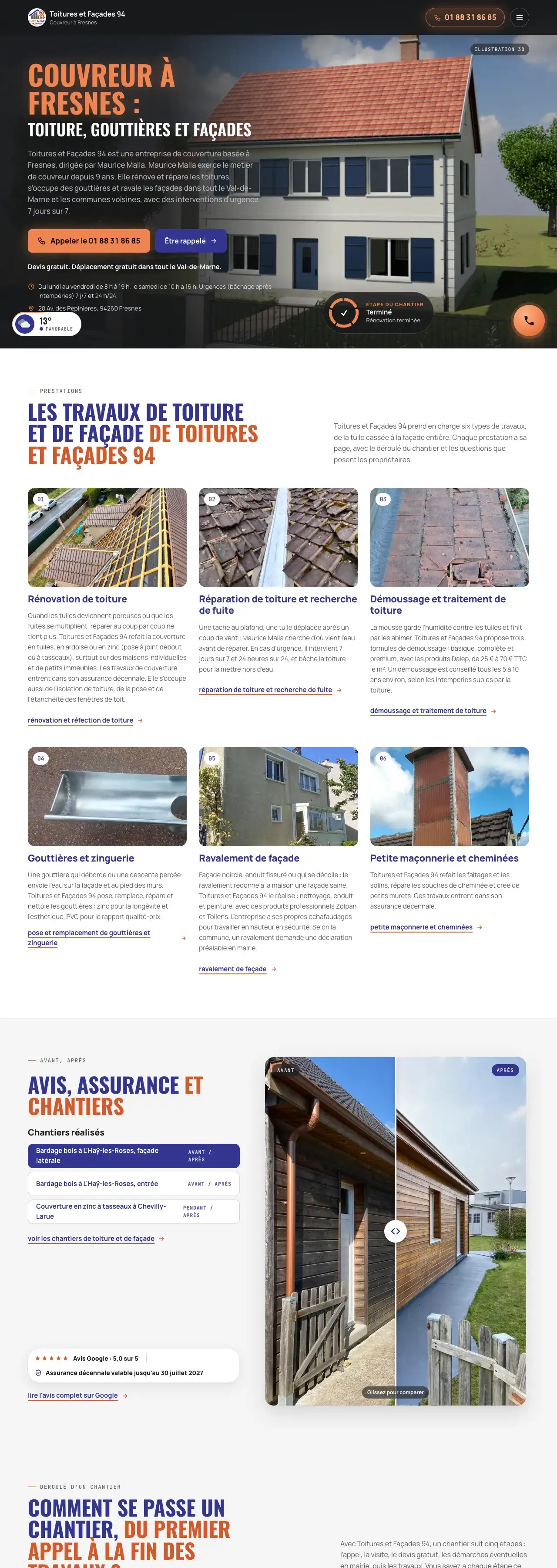Site de Toitures et Façades 94, couvreur à Fresnes, vu sur ordinateur, de la page d'accueil vers le bas de page