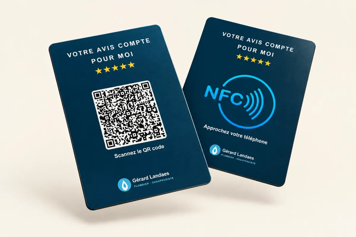 Carte d'avis Google personnalisée pour un plombier chauffagiste, face QR code et face NFC