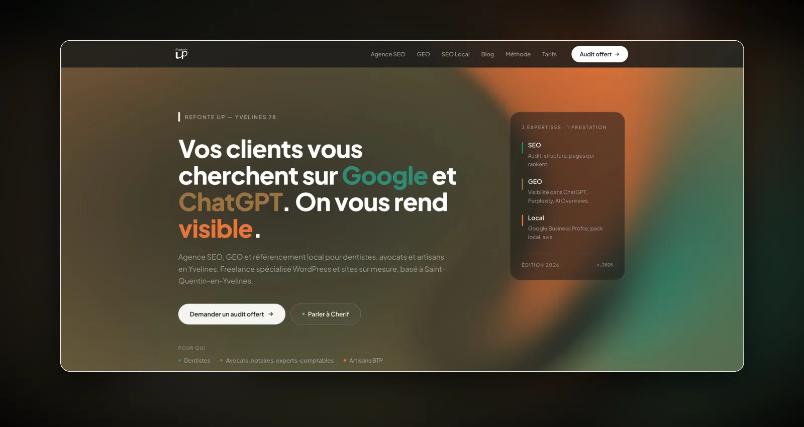 Page d'accueil de refonte-up.fr construite avec Claude Code