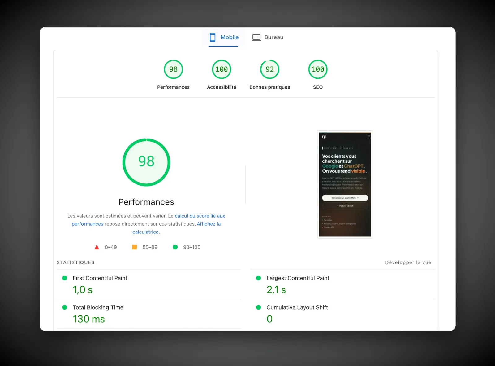 Scores PageSpeed Insights mobile de refonte-up.fr : performance 98, SEO 100