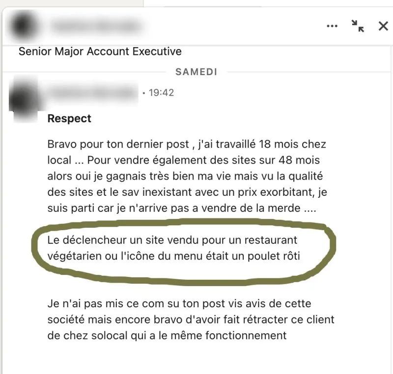 Message LinkedIn d'un ancien commercial décrivant le modèle de vente de sites sur 48 mois et un SAV inexistant