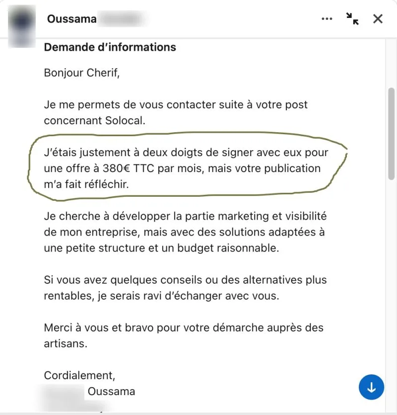 Message LinkedIn d'Oussama, artisan, indiquant un devis Solocal de 380 euros TTC par mois